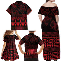 Red Taniko Kowhaiwhai Tukutuku Motif Family Matching Off Shoulder Maxi Dress and Hawaiian Shirt