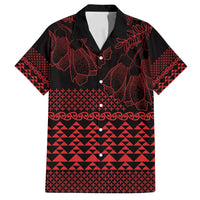Red Taniko Kowhaiwhai Tukutuku Motif Family Matching Off Shoulder Short Dress and Hawaiian Shirt