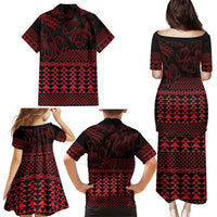 Red Taniko Kowhaiwhai Tukutuku Motif Family Matching Puletasi and Hawaiian Shirt