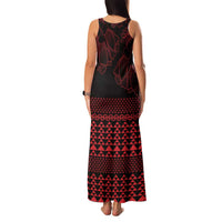 Red Taniko Kowhaiwhai Tukutuku Motif Family Matching Tank Maxi Dress and Hawaiian Shirt