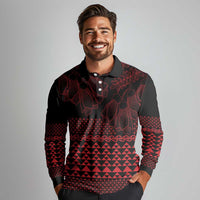Red Taniko Kowhaiwhai Tukutuku Motif Long Sleeve Polo Shirt