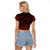 Red Taniko Kowhaiwhai Tukutuku Motif Raglan Cropped T Shirt