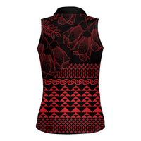Red Taniko Kowhaiwhai Tukutuku Motif Women Sleeveless Polo Shirt
