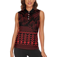 Red Taniko Kowhaiwhai Tukutuku Motif Women Sleeveless Polo Shirt