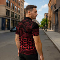 Red Taniko Kowhaiwhai Tukutuku Motif Zipper Polo Shirt - Polynesian Pride