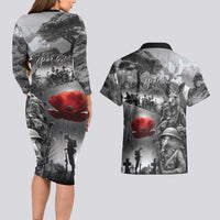 Black ANZAC Day The Battle of Lone Pine Couples Matching Long Sleeve Bodycon Dress and Hawaiian Shirt Kiwi-Kangaroo Soldier Lest We Forget