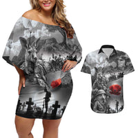 Black ANZAC Day The Battle of Lone Pine Couples Matching Off Shoulder Short Dress and Hawaiian Shirt Kiwi-Kangaroo Soldier Lest We Forget