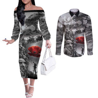 Black ANZAC Day The Battle of Lone Pine Couples Matching Off The Shoulder Long Sleeve Dress and Long Sleeve Button Shirt Kiwi-Kangaroo Soldier Lest We Forget