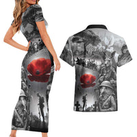 Black ANZAC Day The Battle of Lone Pine Couples Matching Short Sleeve Bodycon Dress and Hawaiian Shirt Kiwi-Kangaroo Soldier Lest We Forget