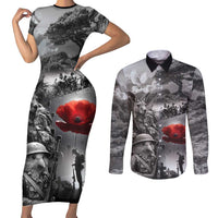 Black ANZAC Day The Battle of Lone Pine Couples Matching Short Sleeve Bodycon Dress and Long Sleeve Button Shirt Kiwi-Kangaroo Soldier Lest We Forget