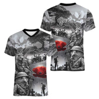 Black ANZAC Day The Battle of Lone Pine Women V-Neck T-Shirt Kiwi-Kangaroo Soldier Lest We Forget