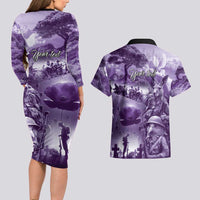 Purple ANZAC Day The Battle of Lone Pine Couples Matching Long Sleeve Bodycon Dress and Hawaiian Shirt Kiwi-Kangaroo Soldier Lest We Forget