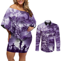 Purple ANZAC Day The Battle of Lone Pine Couples Matching Off Shoulder Short Dress and Long Sleeve Button Shirt Kiwi-Kangaroo Soldier Lest We Forget