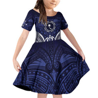 FSM Chuuk States Family Matching Off Shoulder Short Dress and Hawaiian Shirt Micronesia Six 9 One Polynesian Tribal Pattern LT9 Daughter's Dress Blue - Polynesian Pride