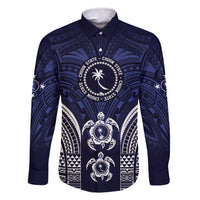 FSM Chuuk States Family Matching Off Shoulder Short Dress and Hawaiian Shirt Micronesia Six 9 One Polynesian Tribal Pattern LT9 Dad's Shirt - Long Sleeve Blue - Polynesian Pride