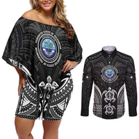 FSM Micronesia Six 9 One Couples Matching Off Shoulder Short Dress and Long Sleeve Button Shirt Polynesian Tribal Pattern