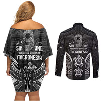 FSM Micronesia Six 9 One Couples Matching Off Shoulder Short Dress and Long Sleeve Button Shirt Polynesian Tribal Pattern