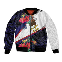 American Samoa Flag Day Since 1900 Bomber Jacket Samoa Muamua Le Atua Tropical Flowers LT9 Unisex Blue - Polynesian Pride