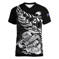 New Zealand Kiwi Rugby Women V Neck T Shirt LT9 Female Black - Polynesian Pride