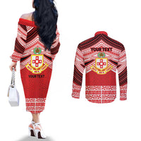 Personalised Kolisi Tonga College Atele Couples Matching Off The Shoulder Long Sleeve Dress and Long Sleeve Button Shirt Polynesian Ngatu Tribal