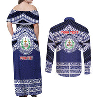 Personalised Tonga Sia'atoutai Theological College Couples Matching Off Shoulder Maxi Dress and Long Sleeve Button Shirt Polynesian Ngatu Tribal