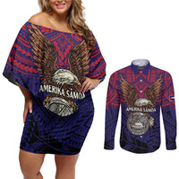 American Samoa Brave Eagle Personalized Couples Matching Off Shoulder Short Dress and Long Sleeve Button Shirt National Flag Color