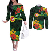 American Samoa Manu'atele Personalized Couples Matching Off The Shoulder Long Sleeve Dress and Long Sleeve Button Shirt Manua Island Hibiscus Flowers