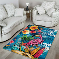 Hawaiian Flamingo Hibiscus Personalised Area Rug Blue Summer Tropical Flowers - Polynesian Pride