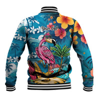 Hawaiian Flamingo Hibiscus Personalised Baseball Jacket Blue Summer Tropical Flowers - Polynesian Pride
