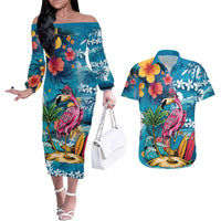 Hawaiian Flamingo Hibiscus Personalised Couples Matching Off The Shoulder Long Sleeve Dress and Hawaiian Shirt Blue Summer Tropical Flowers - Polynesian Pride