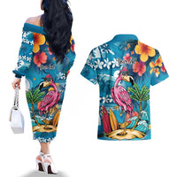 Hawaiian Flamingo Hibiscus Personalised Couples Matching Off The Shoulder Long Sleeve Dress and Hawaiian Shirt Blue Summer Tropical Flowers - Polynesian Pride