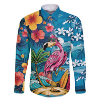 Hawaiian Flamingo Hibiscus Personalised Family Matching Mermaid Dress and Hawaiian Shirt Blue Summer Tropical Flowers LT9 Dad's Shirt - Long Sleeve Blue - Polynesian Pride