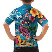 Hawaiian Flamingo Hibiscus Personalised Family Matching Off Shoulder Short Dress and Hawaiian Shirt Blue Summer Tropical Flowers LT9 - Polynesian Pride