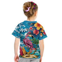 Hawaiian Flamingo Hibiscus Personalised Kid T Shirt Blue Summer Tropical Flowers - Polynesian Pride