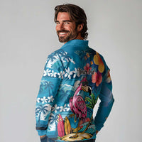 Hawaiian Flamingo Hibiscus Personalised Long Sleeve Polo Shirt Blue Summer Tropical Flowers - Polynesian Pride