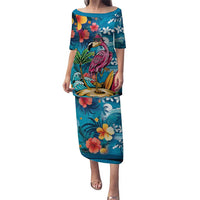 Hawaiian Flamingo Hibiscus Personalised Puletasi Blue Summer Tropical Flowers - Polynesian Pride
