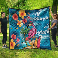 Hawaiian Flamingo Hibiscus Personalised Quilt Blue Summer Tropical Flowers - Polynesian Pride
