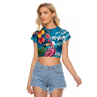 Hawaiian Flamingo Hibiscus Personalised Raglan Cropped T Shirt Blue Summer Tropical Flowers LT9 Female Blue - Polynesian Pride