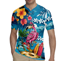 Hawaiian Flamingo Hibiscus Personalised Rugby Jersey Blue Summer Tropical Flowers - Polynesian Pride