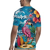 Hawaiian Flamingo Hibiscus Personalised Rugby Jersey Blue Summer Tropical Flowers - Polynesian Pride