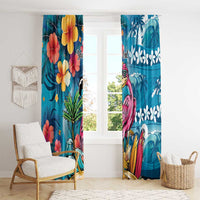 Hawaiian Flamingo Hibiscus Personalised Window Curtain Blue Summer Tropical Flowers - Polynesian Pride