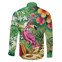 Hawaiian Flamingo Hibiscus Personalised Family Matching Long Sleeve Bodycon Dress and Hawaiian Shirt Green Summer Tropical Flowers LT9 - Polynesian Pride
