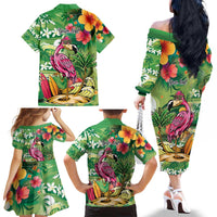 Hawaiian Flamingo Hibiscus Personalised Family Matching Off The Shoulder Long Sleeve Dress and Hawaiian Shirt Green Summer Tropical Flowers - Polynesian Pride