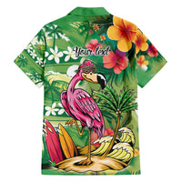 Hawaiian Flamingo Hibiscus Personalised Family Matching Off The Shoulder Long Sleeve Dress and Hawaiian Shirt Green Summer Tropical Flowers - Polynesian Pride