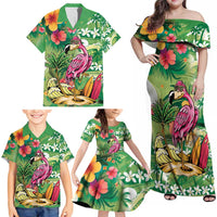 Hawaiian Flamingo Hibiscus Personalised Family Matching Off Shoulder Maxi Dress and Hawaiian Shirt Green Summer Tropical Flowers - Polynesian Pride