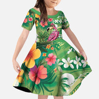 Hawaiian Flamingo Hibiscus Personalised Family Matching Summer Maxi Dress and Hawaiian Shirt Green Summer Tropical Flowers LT9 Daughter's Dress Green - Polynesian Pride
