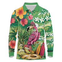Hawaiian Flamingo Hibiscus Personalised Long Sleeve Polo Shirt Green Summer Tropical Flowers - Polynesian Pride