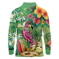 Hawaiian Flamingo Hibiscus Personalised Long Sleeve Polo Shirt Green Summer Tropical Flowers - Polynesian Pride