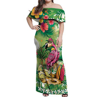 Hawaiian Flamingo Hibiscus Personalised Off Shoulder Maxi Dress Green Summer Tropical Flowers - Polynesian Pride