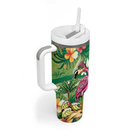 Hawaiian Flamingo Hibiscus Personalised Tumbler With Handle Green Summer Tropical Flowers - Polynesian Pride